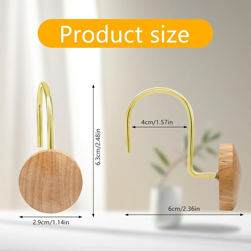 JTDTH Shower Curtain Hooks, Wood Decorative Shower Curtain Rings, Modern Round Log Shower Curtain Hangers, 12PCS Shower Hooks for Shower Curtain Rod, Bedroom, Living Room (Gold 2) - Image 3